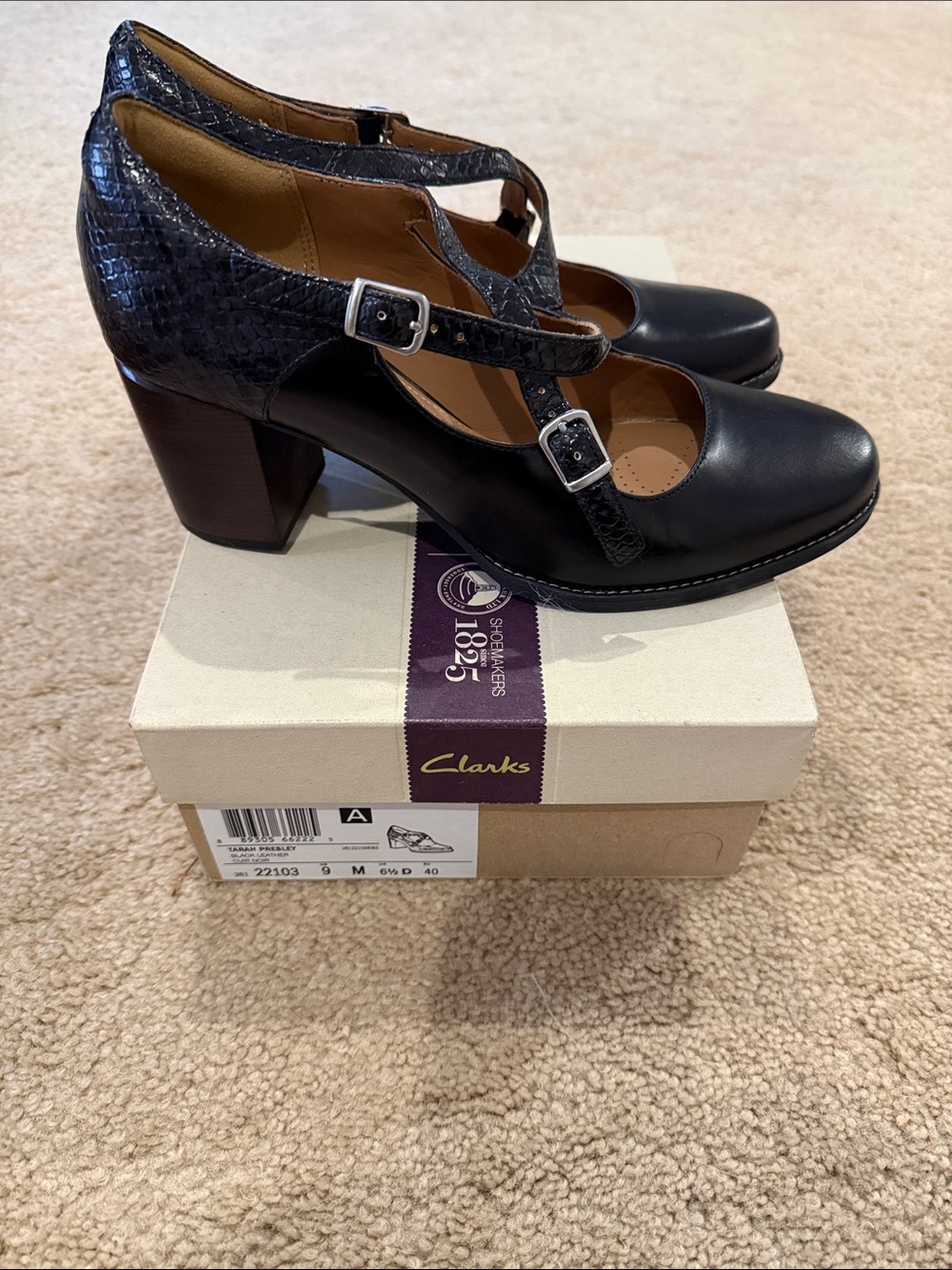 Clarks Black Leather Double-Strap Mary Jane Heels